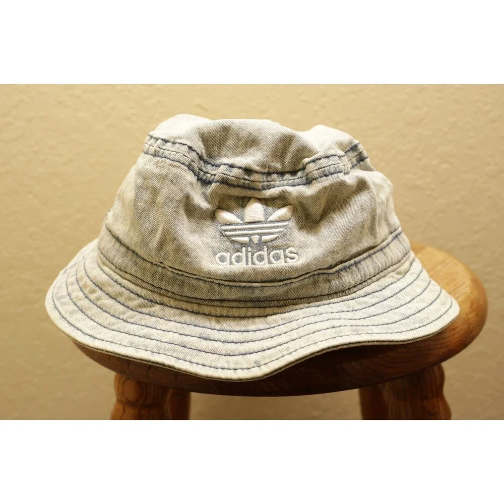 Adidas Originals Acid Wash Denim Bucket Hat OSFA Trefoil Logo Blue White Sun Cap